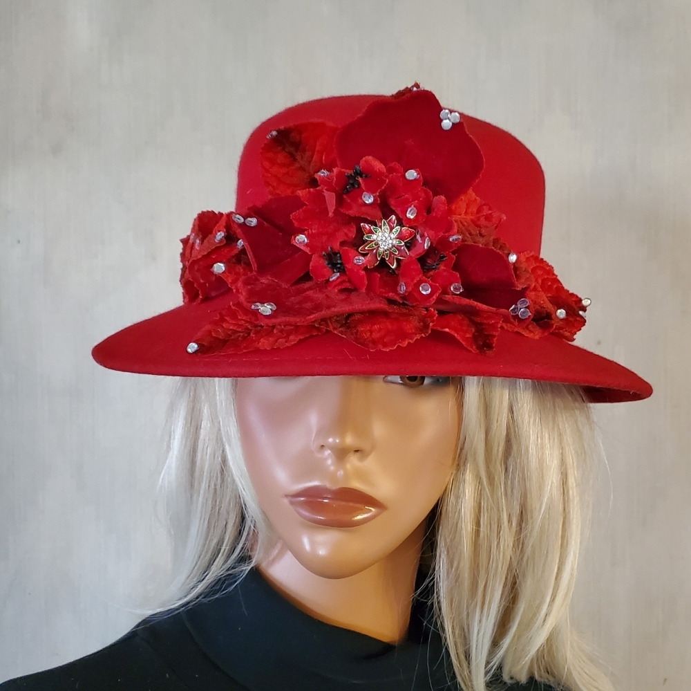 Vintage Mildreds Hats Red Jeweled Flower Wool Hat Christmas Holiday Church Event